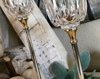 Landes Argente Italy Silver Plate Brass and Crystal Candlestick from the Silver Prestige Collection Set of Two