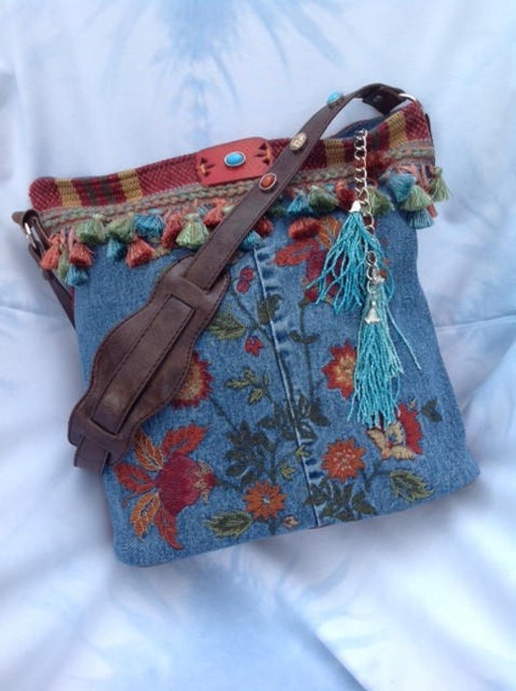 Embroidered Denim and Leather Bohemian Hippie Shoulder Bag