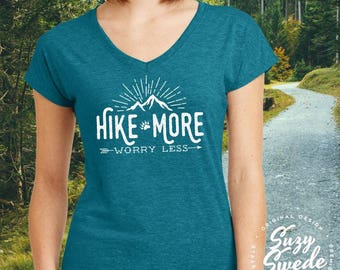 Hiking Shirt ~ Hike More Worry Less Ladies' V-Neck T-Shirt- adventure camping shirt, outdoors, wanderlust shirt, arrows, women's v-neck