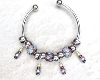 Lavender Lampwork Bead Bracelet/ Lilac and Silver Bangle/ Pearl Dangle Bracelet/ Light Blue and Silver Pandora-Style Charm Bracelet