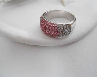 Vintage ring, pink, fuschia, and clear crystal ring, size 7 ring, silver ring signed "NVC" ring, vintage jewelry, jewellery