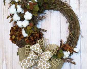 Cotton Wreath, Rustic Wreath, All Seasons Wreath, Cotton Boll Wreath, Farmhouse Decor, Rustic Decor