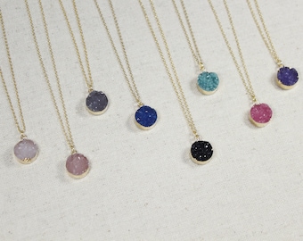 Gold Round Druzy Necklace | Druzy Pendant | Rose Quartz Druzy | Natural Stone | Boho Chic | Blush Druzy | Black | Pink | Purple | Turquoise