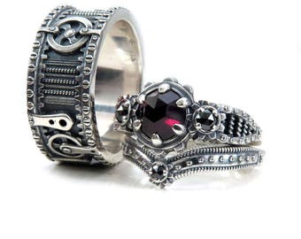 Silver Steampunk Wedding Ring Set - Rose Cut Garnet and Black Diamonds - His and Hers Gear Rings