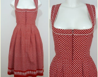 Bohemian VINTAGE Bavarian Kruger DIRNDL Red White Ditsy Flower Folk Dress Uk 14 Fr 42 Oktoberfest / Tyrol / Austrian / German/ Wench