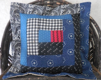 Primitive Vintage Log Cabin Quilt Block Recycled Mini Pillow Country Decor