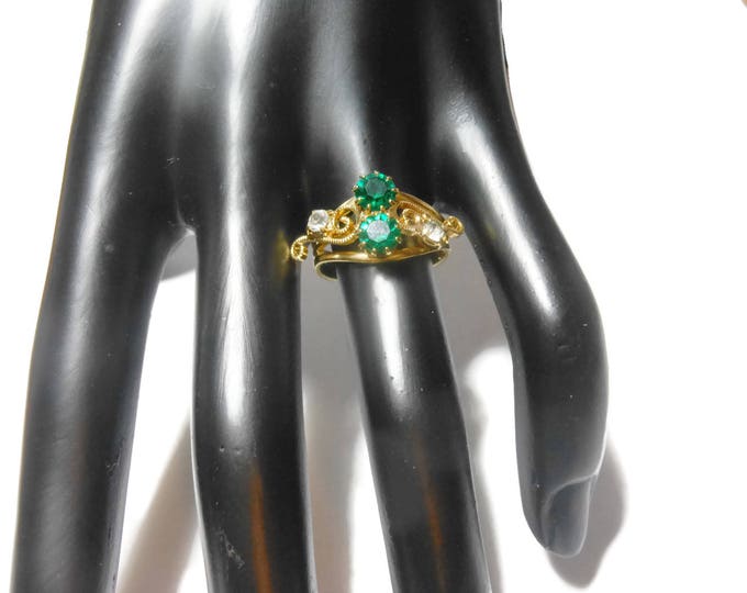 FREE SHIPPING Adjustable green rhinestone ring, to size 9, two round center green rhinestones, side clear stones, swirl design, gold tone