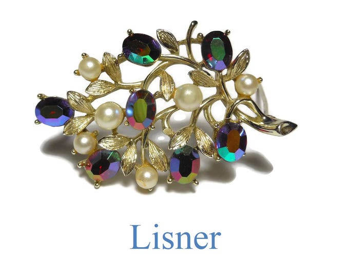 Lisner floral brooch pin, light gold branch, leaves and buds, red aurora borealis rhinestone buds, creamy white faux pearls, gold plated