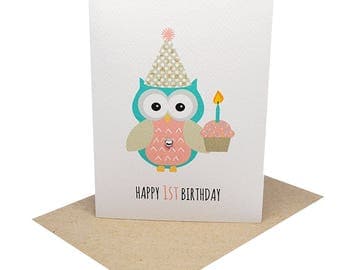 1st Birthday Card Girl - 1st Birthday Girl Party Owl with Cupcake - HBC199 / Happy 1st Birthday First