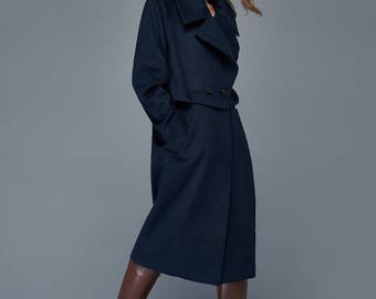 Navy coat, blue overcoat, wool coat, womens coats, winter coat, classic coat, loose coat, jacket, midi coat, outwear, wool jacket C963