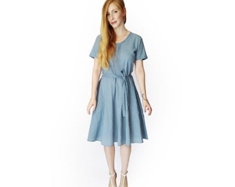 Light blue dress, Midi dress, Summer dress women, Cotton dress, Sleeve dress, party dress, Casual dress, Unique dress, Wrinkled cotton dress