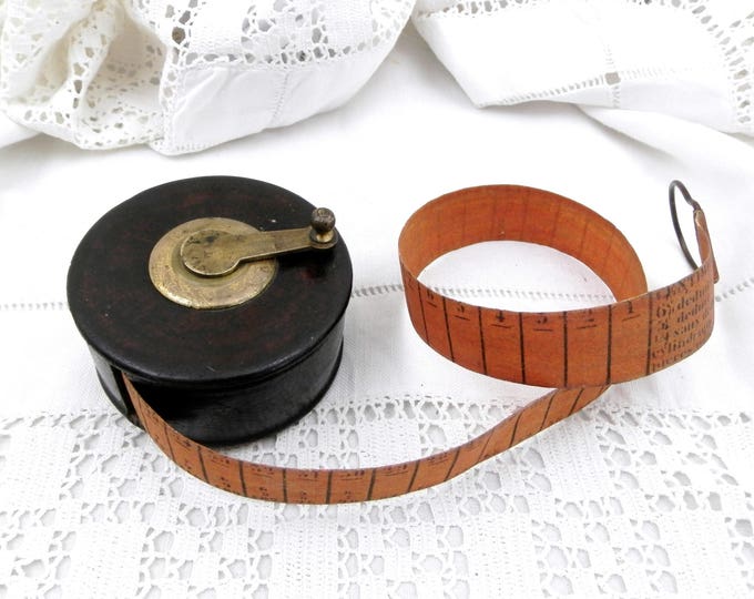 Antique Early 1900s Leather Bound 5 Meters Retractable Tape Measure from France, French Roll Up Measuring Tape with Brass Handle, Retro