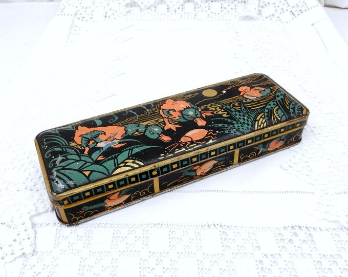 Antique French Art Deco Lithographed Black Rectangular Tin Box Decorated with Ducklings, 1930s Ducks and Mallards Pattern on Metal Candy Tin