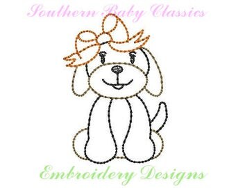 Hound Dog Girl Bow Vintage Bean Quick Stitch Line Work Design File for Embroidery Machine Instant Download Cute Baby Girl Tennessee