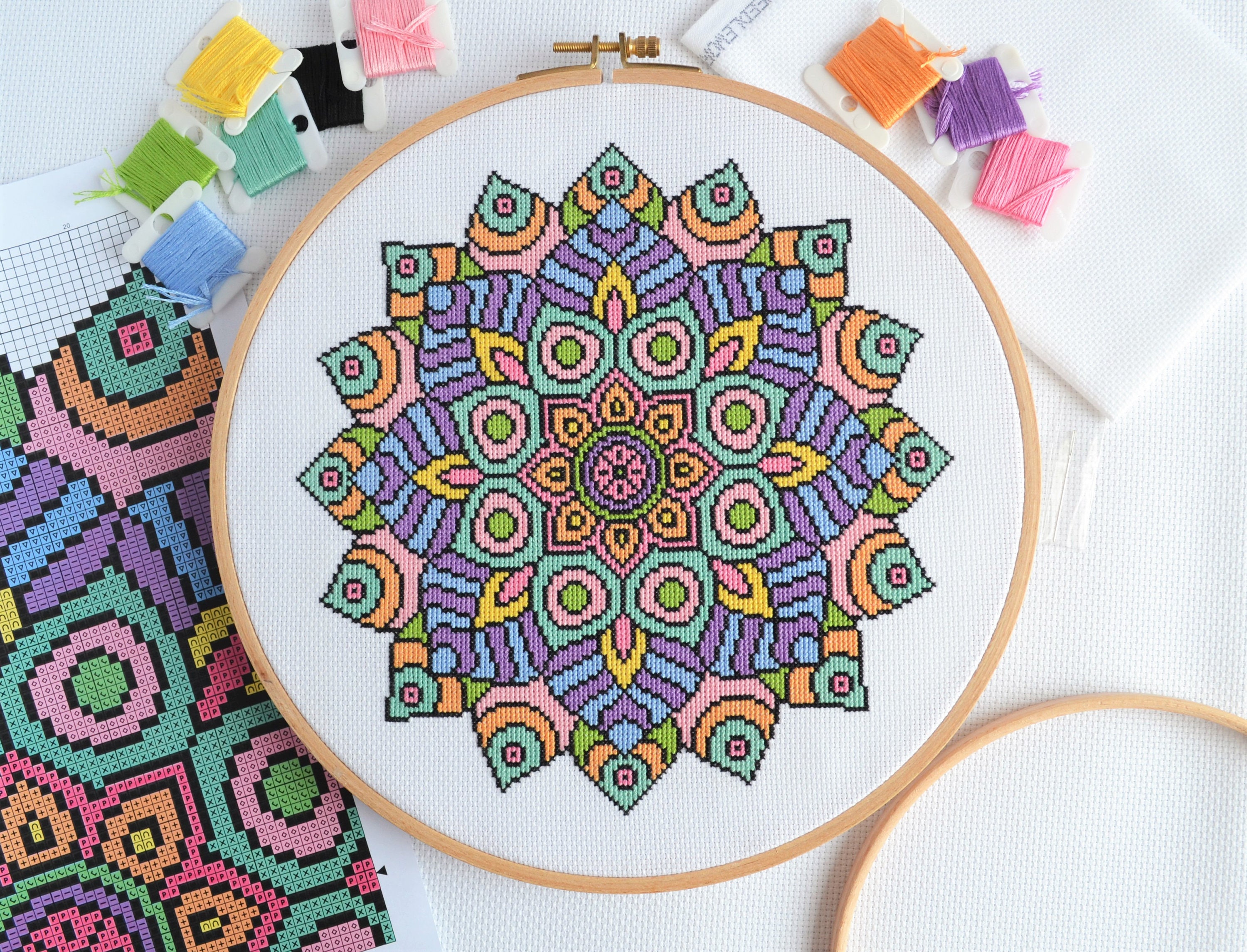 Download PATTERN Statement Mandala Cross Stitch Chart Bright Modern