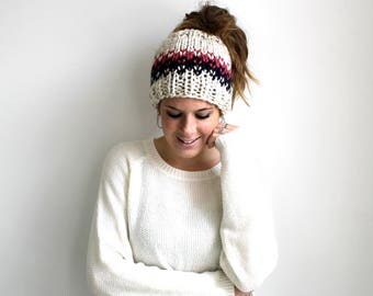 Ponytail Headband, Messy Bun Hat, Knit Pony Tail Hat, Running Headband- Patuxent Ponytail Hat