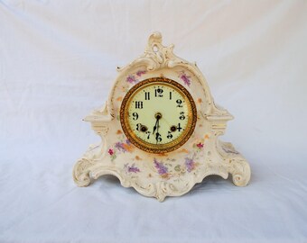 Antique Ansonia Bonn Germany Key Wind Clock Pink Floral Gold