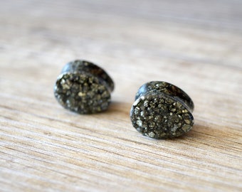 pyrite resin plugs Teardrop Plugs Tear Drop plug natural plugs drop plugs Gauge double flare stone plugs gemstone plugs resin organic tunnel