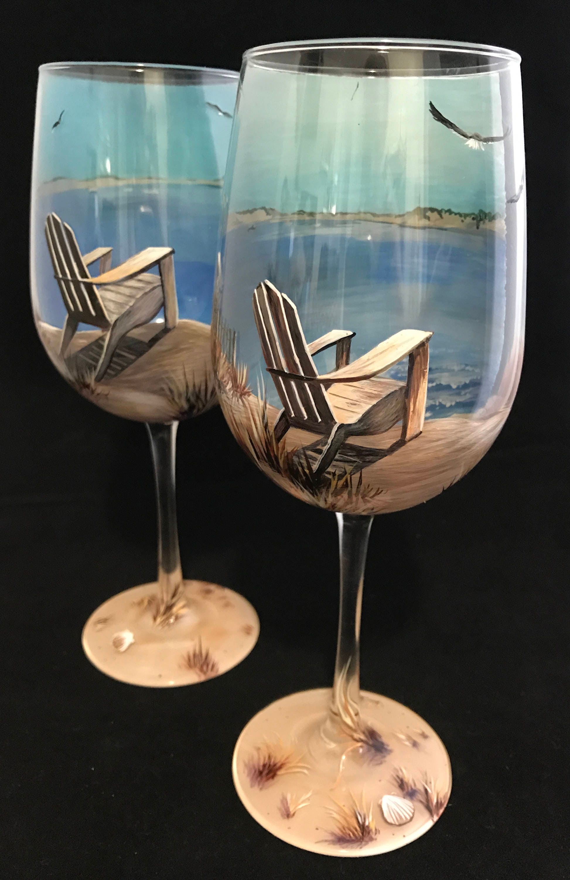 Wine Glass Hand Painted Beach Scene Nautical Adirondack Chair