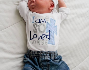 I am So Loved-Baby Boy bodysuit-Coming home Shirt-Church Outfit-Baby Boy gift-John 3:16-Take Home outfit-Newborn Baby -Appliqued Cross
