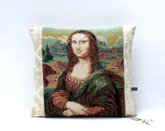 French Silk Damask velvet Tapestry Mona Lisa La Joconde Needlepoint Pillow Cushion