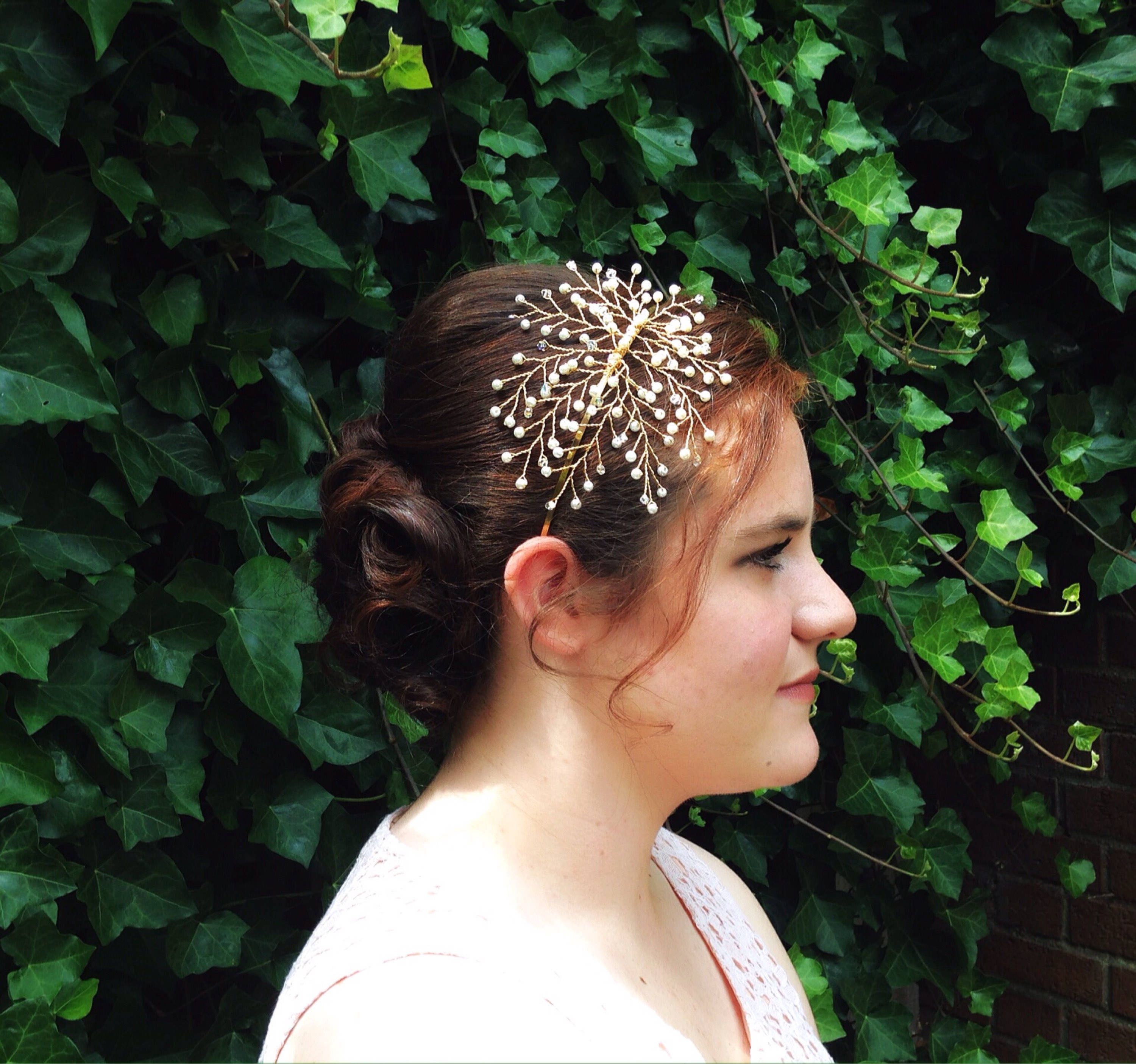 Gold Floral Fascinator Headband Wire Pearl & Crystal