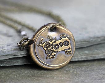 Ox Necklace Chinese Zodiac Pendant Wax Seal Necklace Chinese Astrology Bronze Pendant Sterling Silver Chain Mixed Metal
