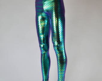 Green Holographic Fish Scale, Merman Leggings // Great Burning Man Costume // Men's Mermaid Meggings