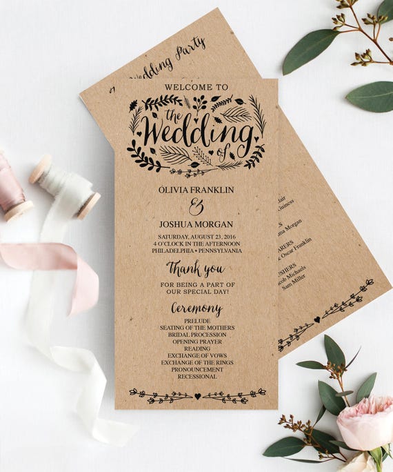 Wedding Program Template 4x8 Wedding Program Editable