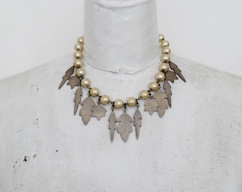 Vintage French Signed BICHE de BERE Necklace, Silver leaves & Faux Pearls