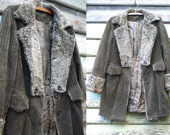 Vintage 90s Olive Green Corduroy Jacket Boho Faux Fur Collar Wool Shaggy Coat Hippie Vtg 1990s Size S-M Penny Lane Faux Shearling