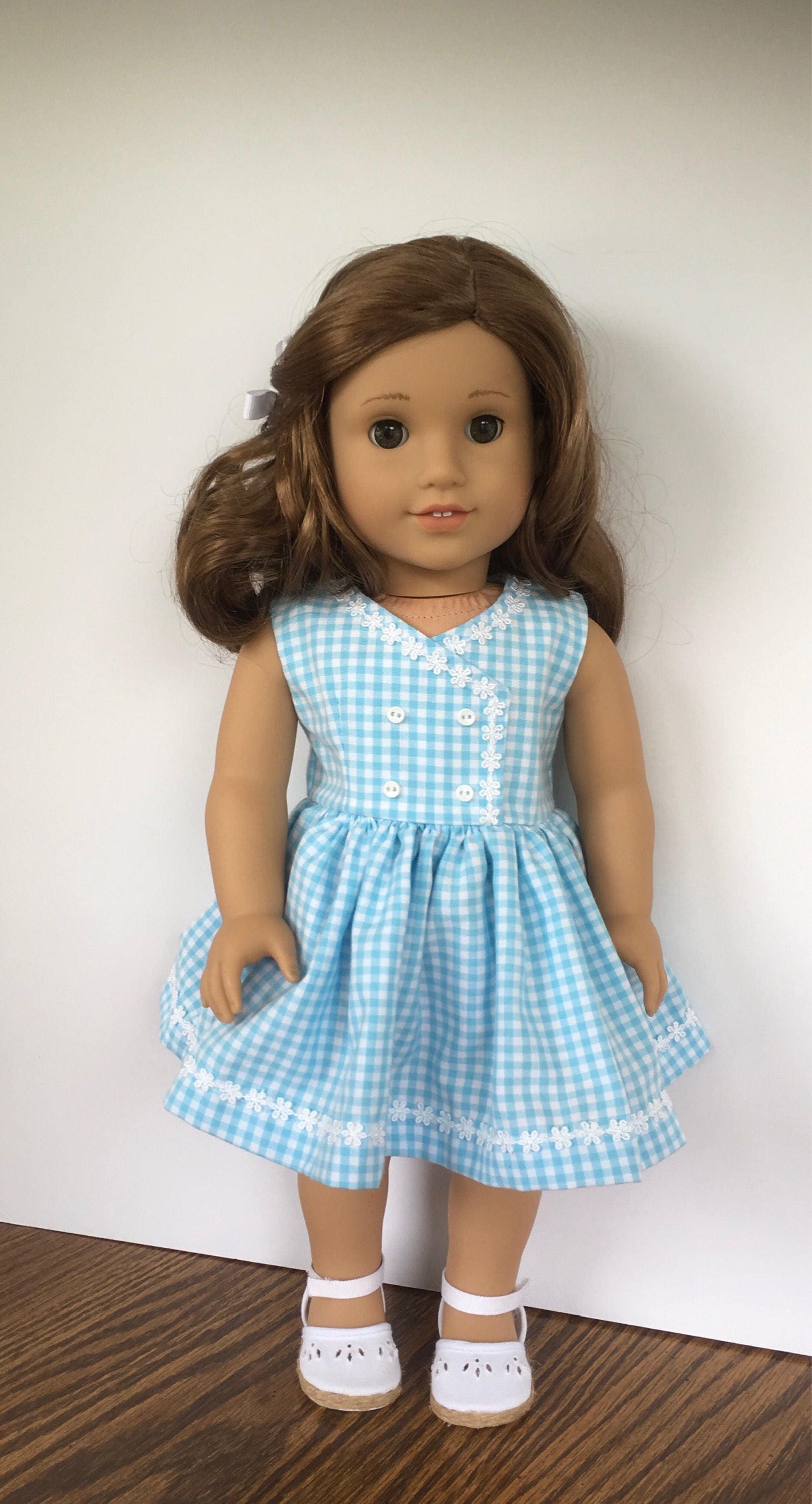 18 doll blue and white gingham dress with white daisy