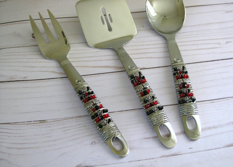 Crystal glass Beaded Serving Utensils Set of 3 Beaded
