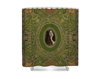 Vintage Shower Curtain, Green Shower Curtain, Gift for Book Lover, Gift for Her, Green Gold Decor, Vintage Cameo, Shabby Chic Decor