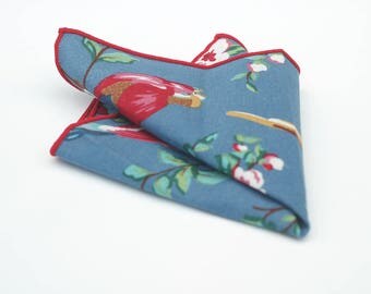 Light blue bird pocket square - red edge