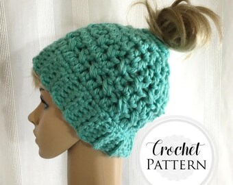 Messy Bun Hat CROCHET PATTERN - Pattern for Crochet Ponytail Hat - Bun Beanie Crochet Pattern - Running Hat Pattern - Bun Hat Pattern