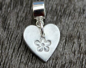 Silver forget me not heart charm, silver flower pandora charm, silver heart charm, mourning jewellery, remembrance jewellery, tiny charm