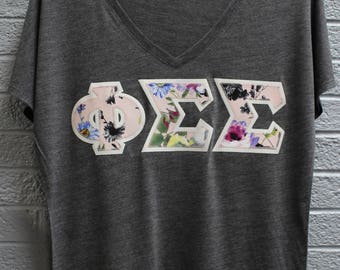 Phi Sigma Sigma Charcoal Bella Flowy V-Neck With Floral Fabric on Glitter White (75d)