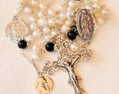 Rosary - Freshwater Pearl Blue Goldstone - Our Lady of Guadalupe, Mary Magdalene & Saintes Maries - Sterling Silver