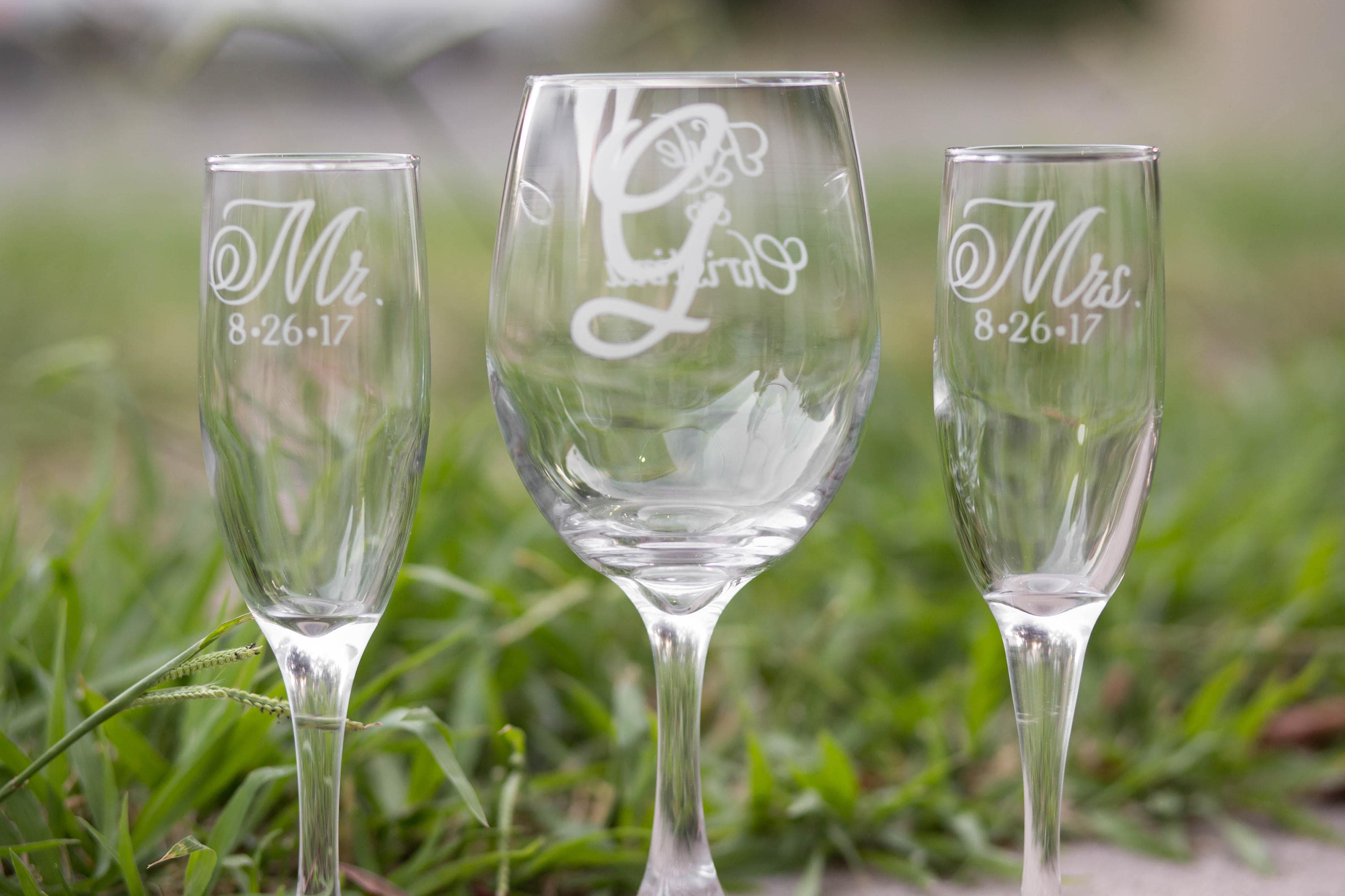 Wine Unity Ceremony Set of 3 Two Flutes with Mr. and Mrs.