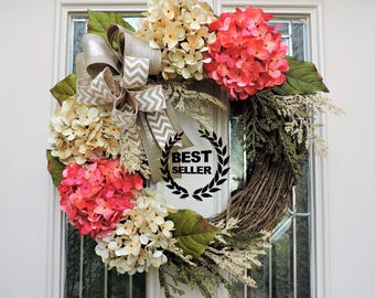 Best Selling Front Door Wreath,Etsy Wreath,Summer Wreath,Pink and Cream Hydrangea Flowers,Spring Wreath,Wreath with burlap,Front door decor