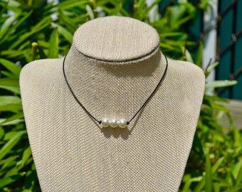 Triple Pearl Choker Necklace | Black Leather Choker | Three Pearl Choker | Cord Choker | Pearl Choker