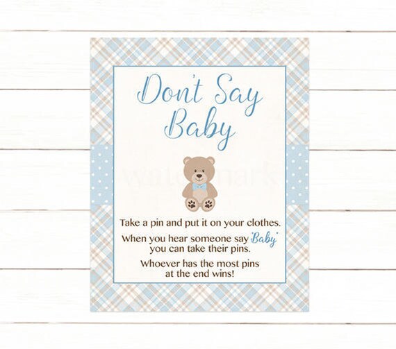 Teddy Bear Don't Say Baby Baby Shower Game, Blue and Brown Plaid Dont ...