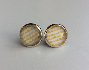 Yellow & White 10mm Round Glass Dome Stud Earrings