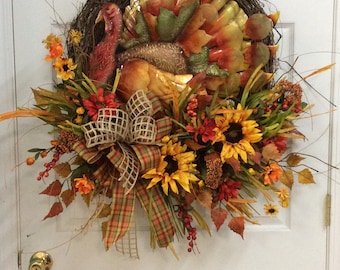 Thanksgiving wreath, Wreath for fall, Wreath with Turkey, Sunflower fall wreath, fall door wreath, Turkey door wreath, autumn door wreath