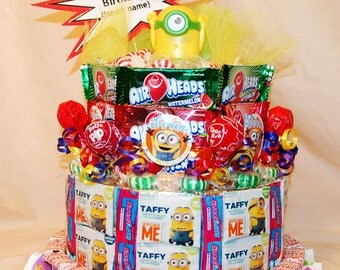 Minion Candy Cake (Three-Tiered Candy Cake with Minion Cake Topper and Personalized Message)