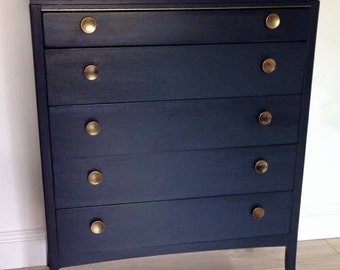 SOLD SOLD Chest of drawers Mid century Retro Vintage Bedroom storage Wooden upcycled Hallway storage Tallboy grey blue painted