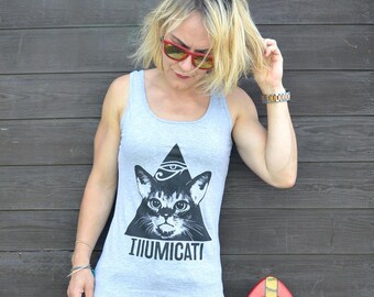 Women's Cat Tank Top / Cat Vest / Cat Clothing / Ladies Cat Print Tank Top / Women's Cat Clothing / Illumicati / Funny Cat Tops