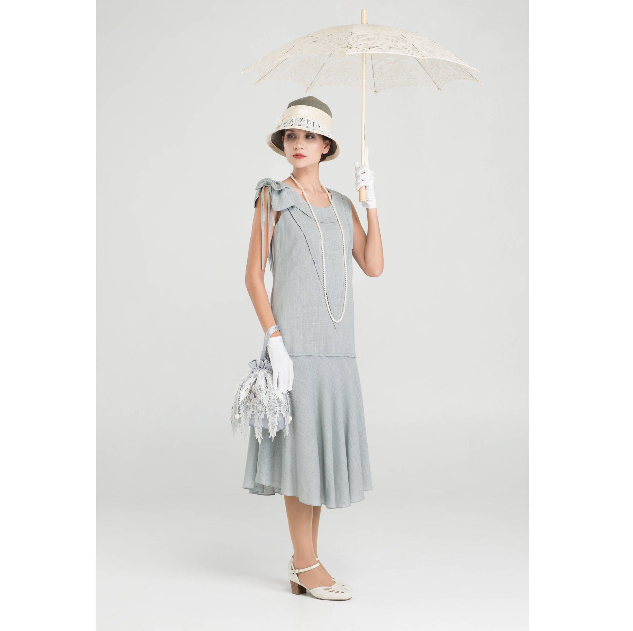 Linen Great Gatsby party dress in grey 1920s flapper dress