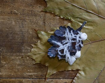 Beaded Brooch, Electroformed Real Leaf Jewelry, Statement Brooch, Winter is coming, Large Brooches, Copper Brooch, Fall Leaf Jewelry